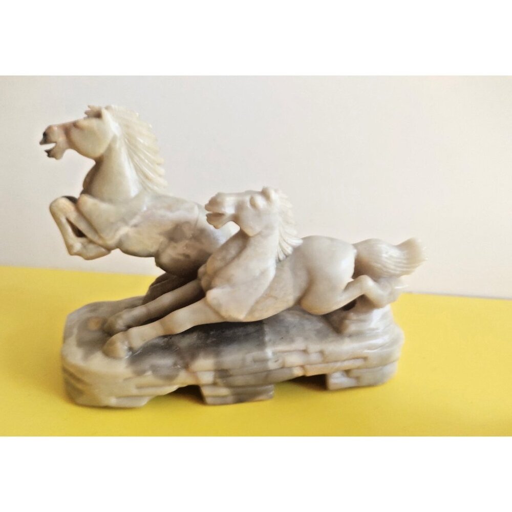 Carved SHOUSHAN STONE  Running Horses Stallions Sculpture 1930's 6 x 4.25 x 2.5"
